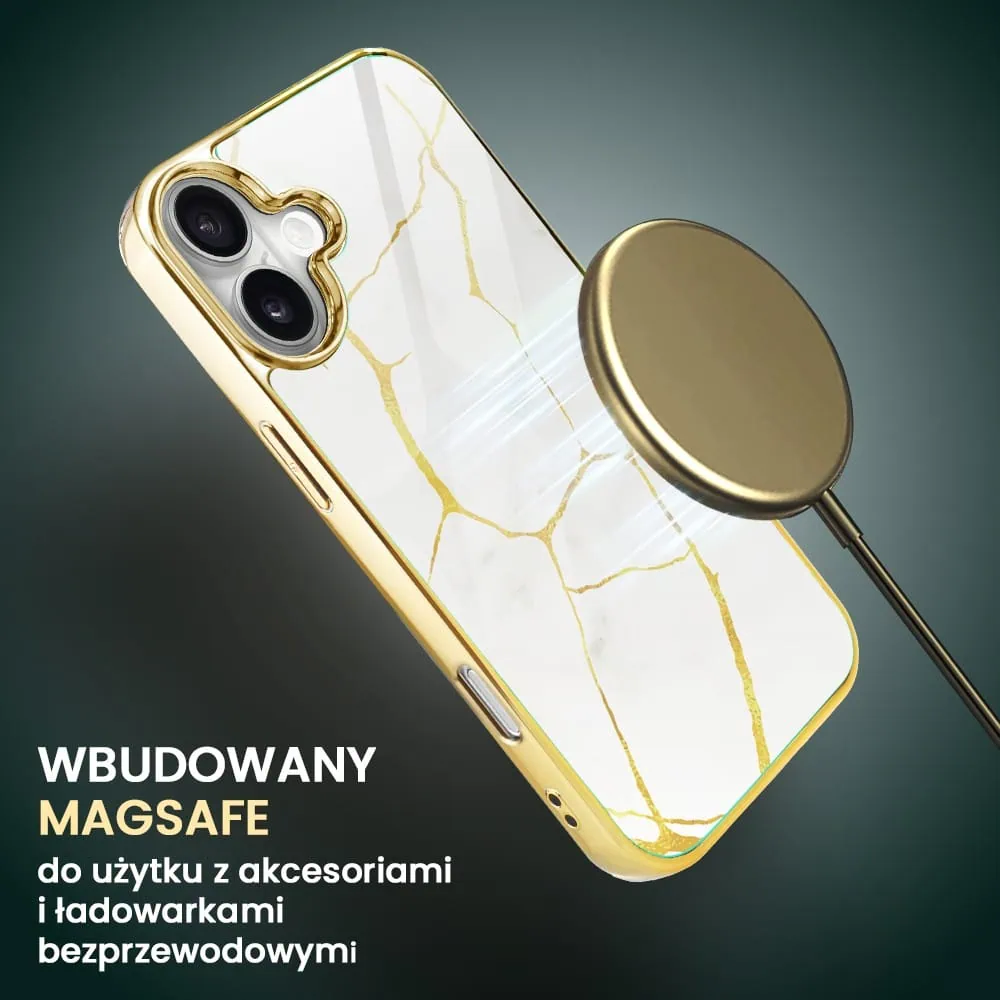 Etui do iPhone 16, Elite Glass z MagSafe, Kintsugi, biała porcelana, złote