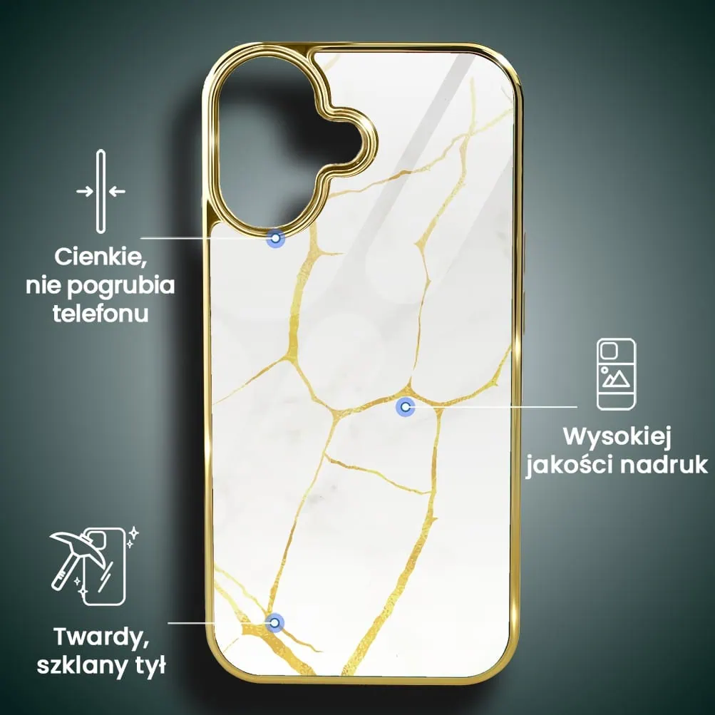 Etui do iPhone 16, Elite Glass z MagSafe, Kintsugi, biała porcelana, złote