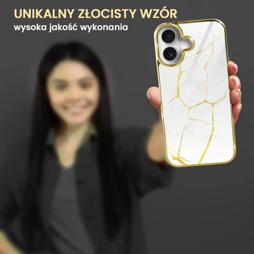 Etui do iPhone 16, Elite Glass z MagSafe, Kintsugi, biała porcelana, złote