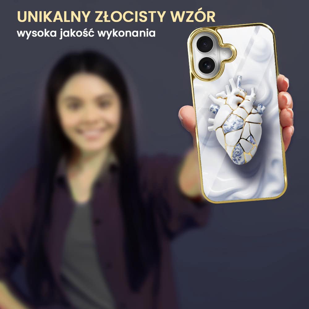Etui do iPhone 16, Elite Glass z MagSafe, Kintsugi Art, porcelanowe serce, złote