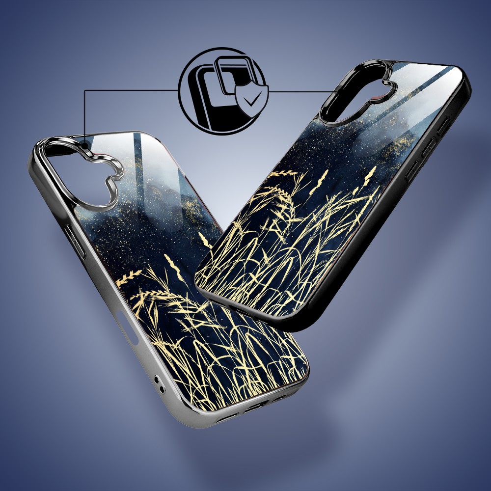 Etui do iPhone 16 Plus, Elite Glass z MagSafe, szklany tył, Kwiaty, Złote Trawy o Zmierzchu, czarne