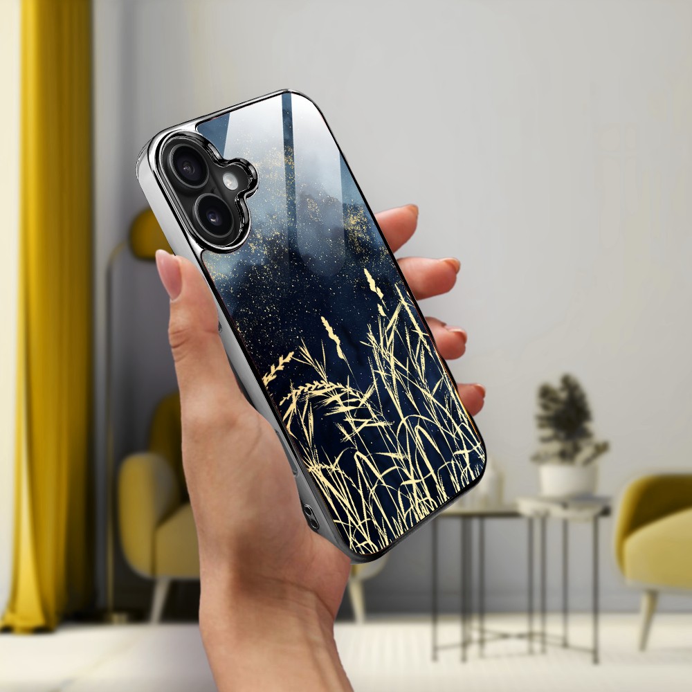Etui do iPhone 16 Plus, Elite Glass z MagSafe, szklany tył, Kwiaty, Złote Trawy o Zmierzchu, czarne