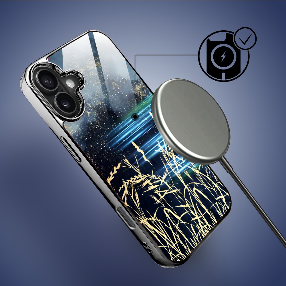 Etui do iPhone 16 Plus, Elite Glass z MagSafe, szklany tył, Kwiaty, Złote Trawy o Zmierzchu, czarne