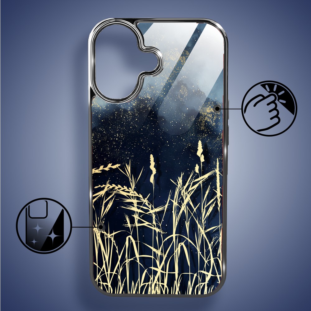 Etui do iPhone 16 Plus, Elite Glass z MagSafe, szklany tył, Kwiaty, Złote Trawy o Zmierzchu, czarne