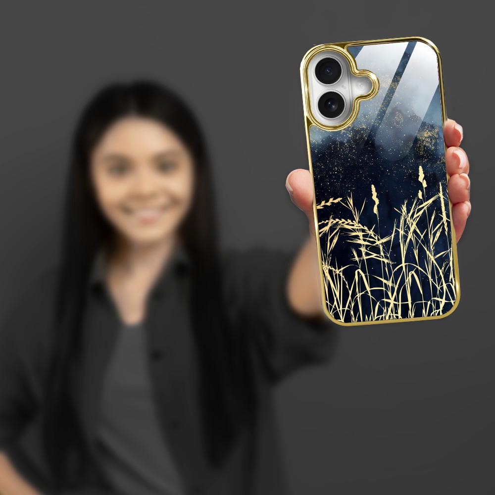 Etui do iPhone 16, Elite Glass z MagSafe, szklany tył, Kwiaty, Złote Trawy o Zmierzchu, złote