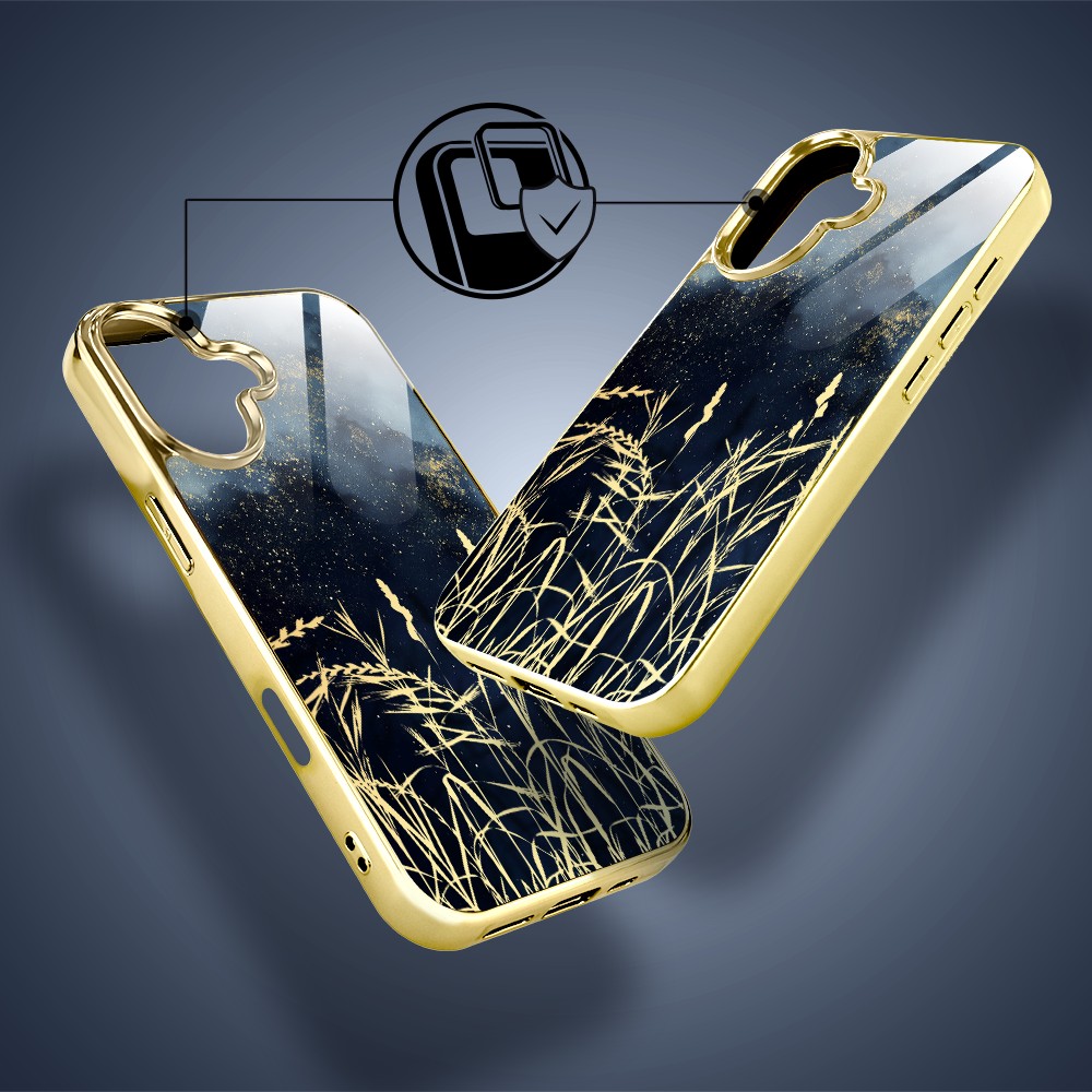 Etui do iPhone 16, Elite Glass z MagSafe, szklany tył, Kwiaty, Złote Trawy o Zmierzchu, złote