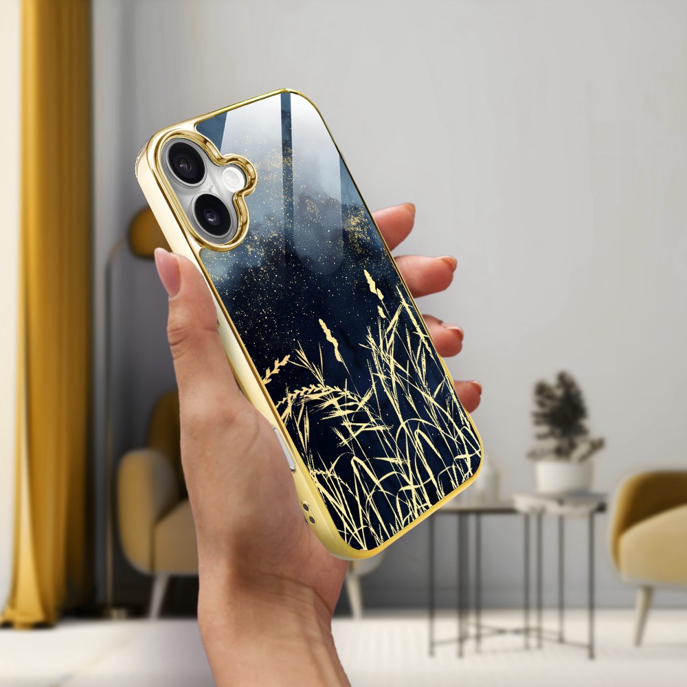 Etui do iPhone 16, Elite Glass z MagSafe, szklany tył, Kwiaty, Złote Trawy o Zmierzchu, złote