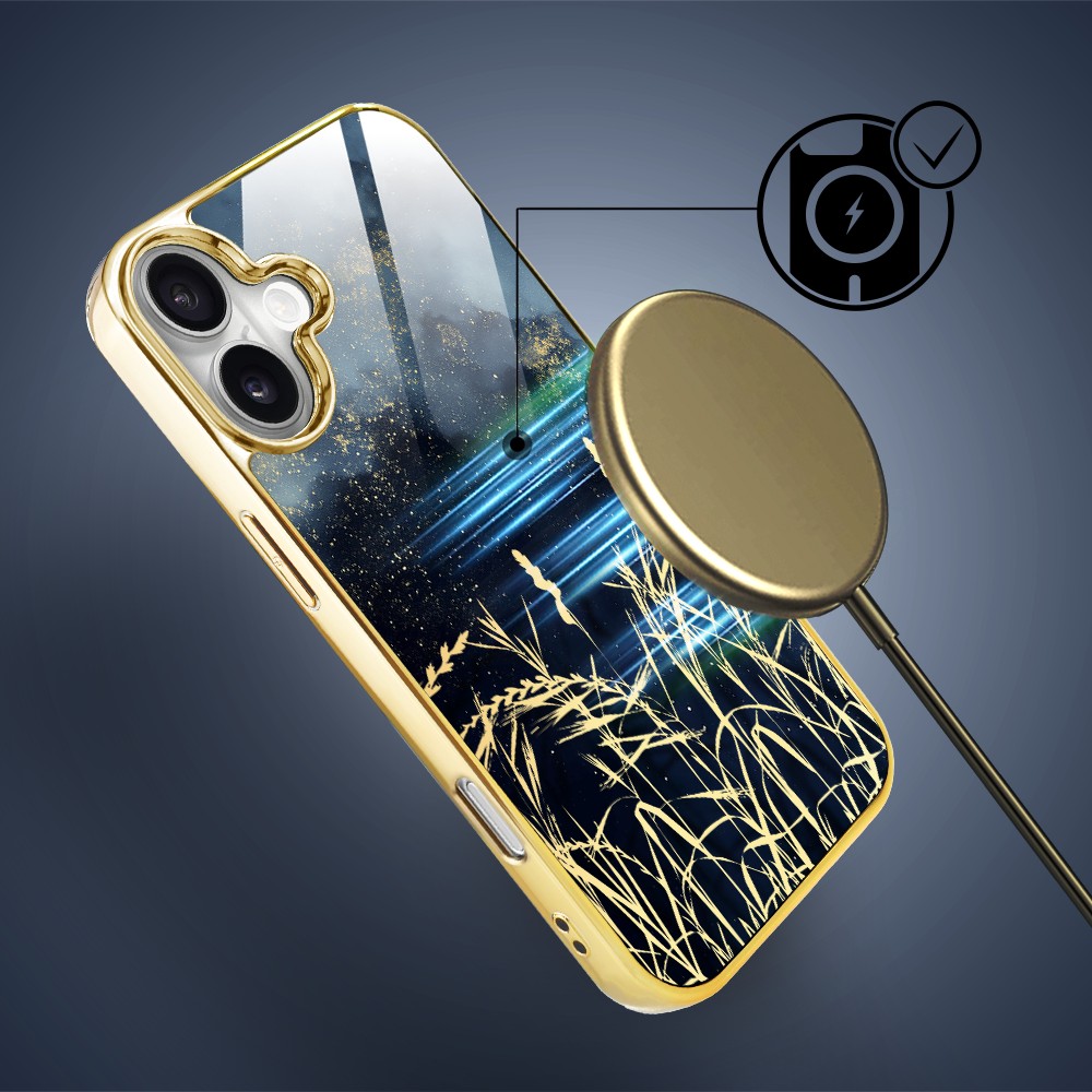 Etui do iPhone 16, Elite Glass z MagSafe, szklany tył, Kwiaty, Złote Trawy o Zmierzchu, złote