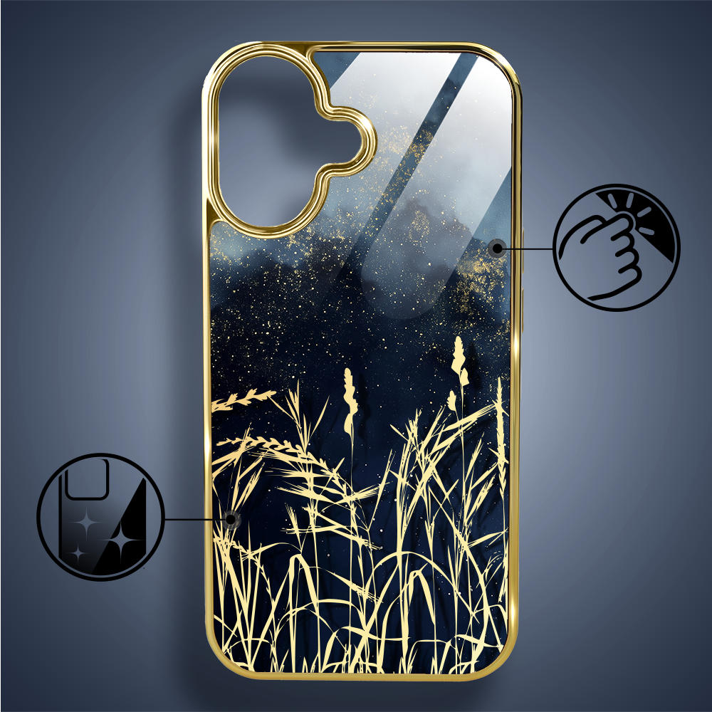 Etui do iPhone 16, Elite Glass z MagSafe, szklany tył, Kwiaty, Złote Trawy o Zmierzchu, złote
