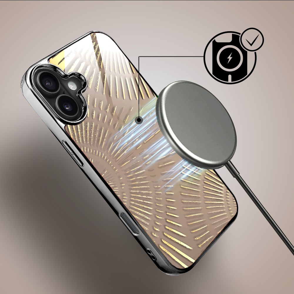 Etui do iPhone 16, Elite Glass z MagSafe, szklany tył, Mistyczne wzory, Boski promień beżowe, czarne