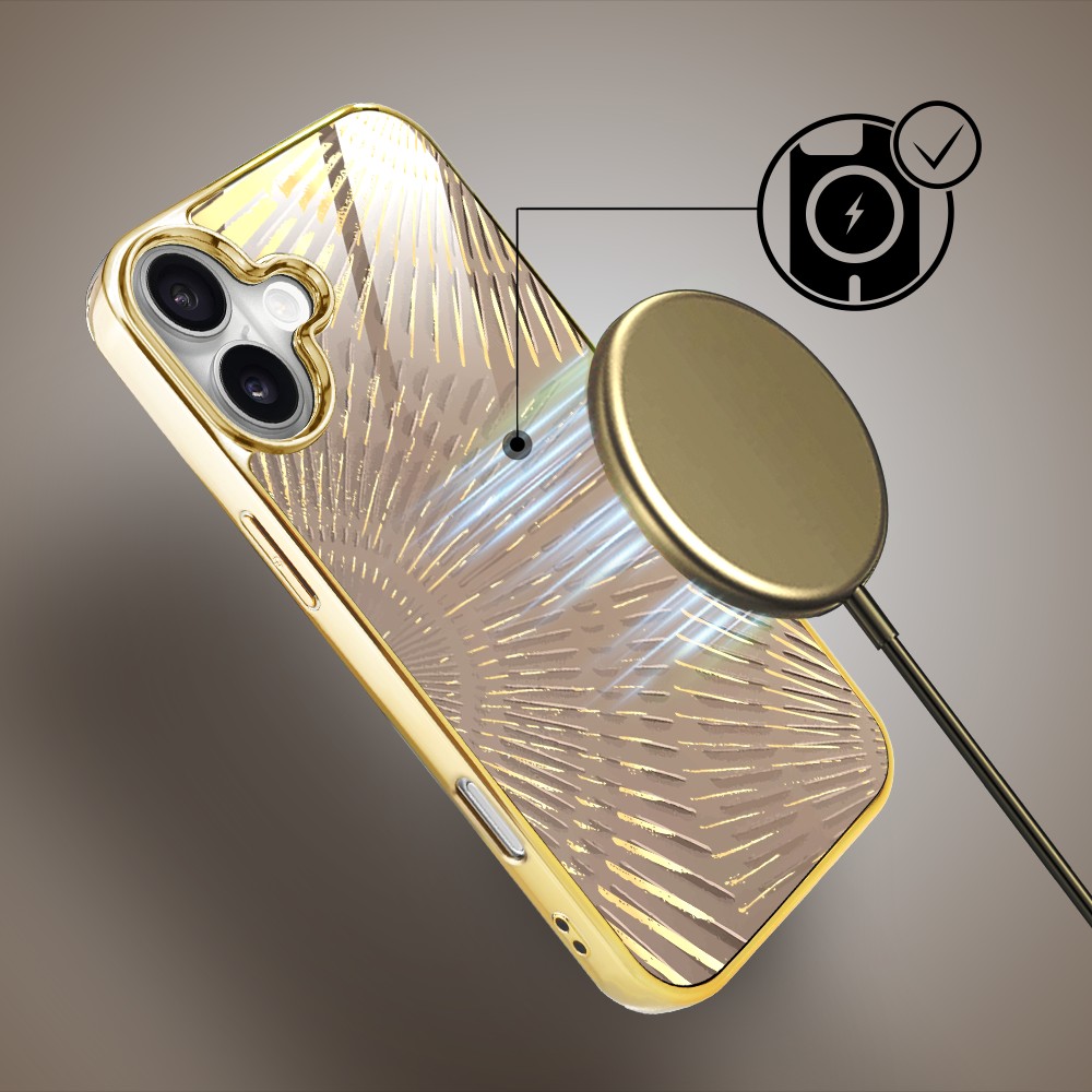 Etui do iPhone 16, Elite Glass z MagSafe, szklany tył, Mistyczne wzory, Boski promień beżowe, złote