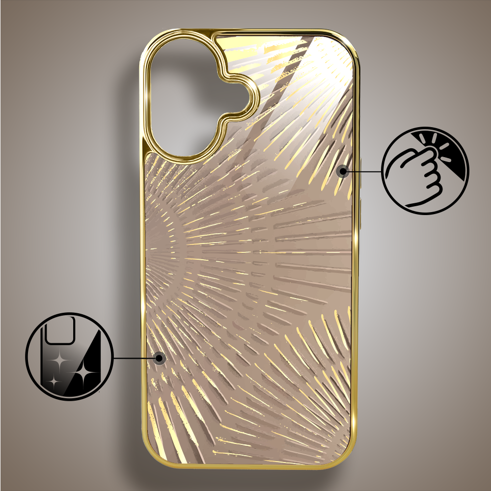 Etui do iPhone 16, Elite Glass z MagSafe, szklany tył, Mistyczne wzory, Boski promień beżowe, złote