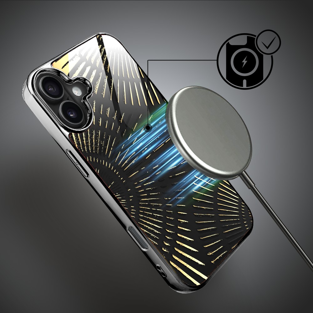 Etui do iPhone 16, Elite Glass z MagSafe, szklany tył, Mistyczne wzory, Boski promień czarne, czarne