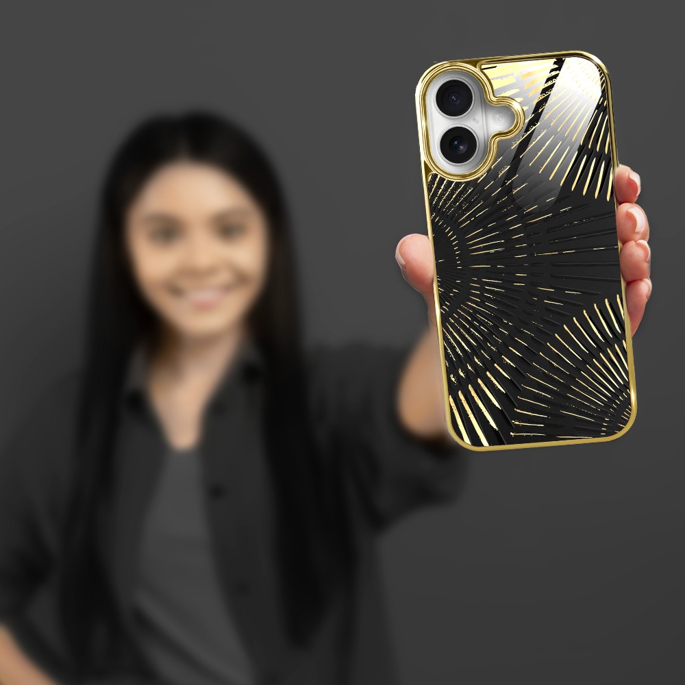Etui do iPhone 16, Elite Glass z MagSafe, szklany tył, Mistyczne wzory, Boski promień czarne, złote