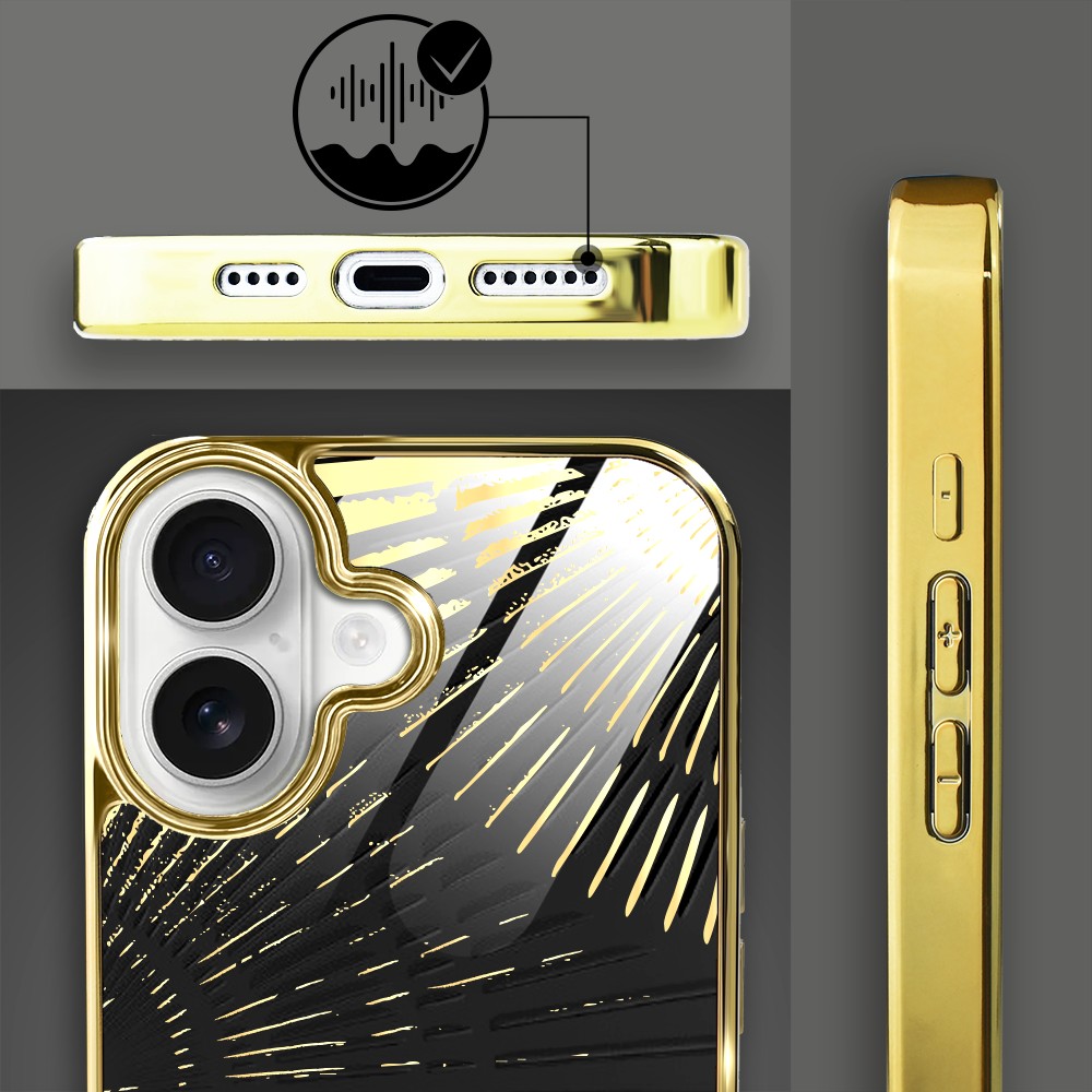 Etui do iPhone 16, Elite Glass z MagSafe, szklany tył, Mistyczne wzory, Boski promień czarne, złote