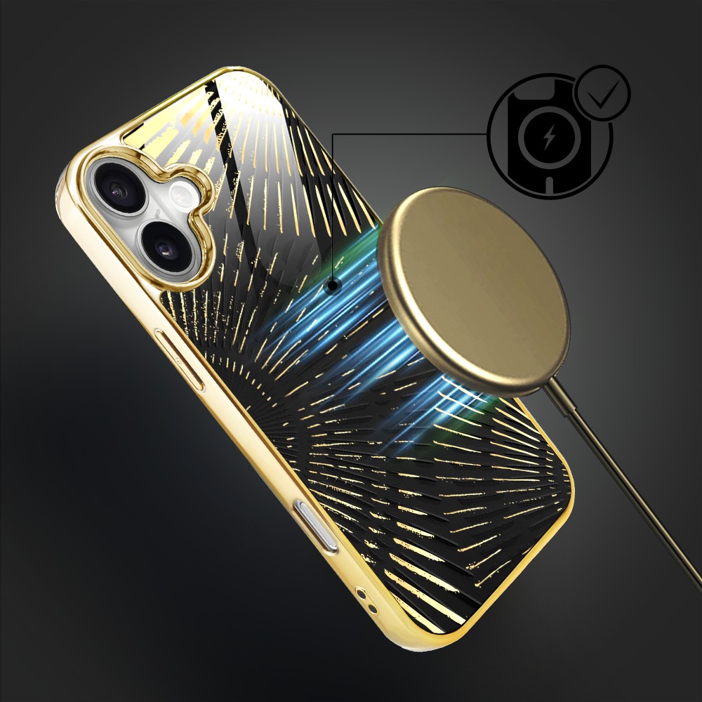 Etui do iPhone 16, Elite Glass z MagSafe, szklany tył, Mistyczne wzory, Boski promień czarne, złote