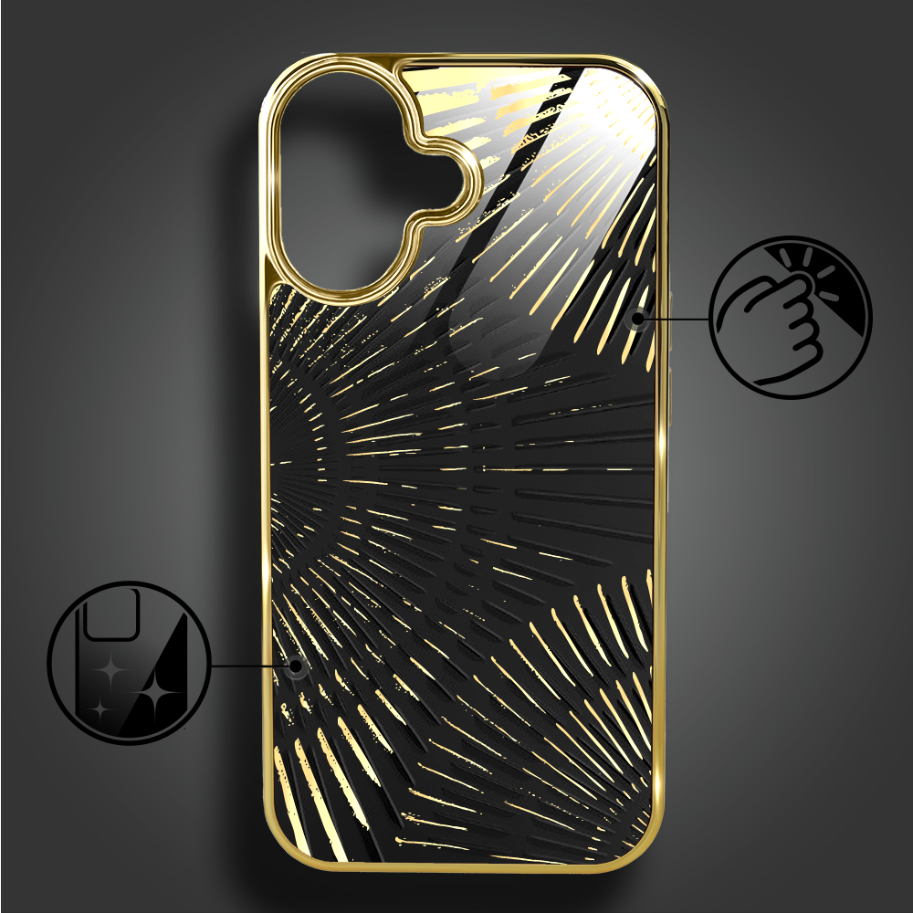 Etui do iPhone 16, Elite Glass z MagSafe, szklany tył, Mistyczne wzory, Boski promień czarne, złote