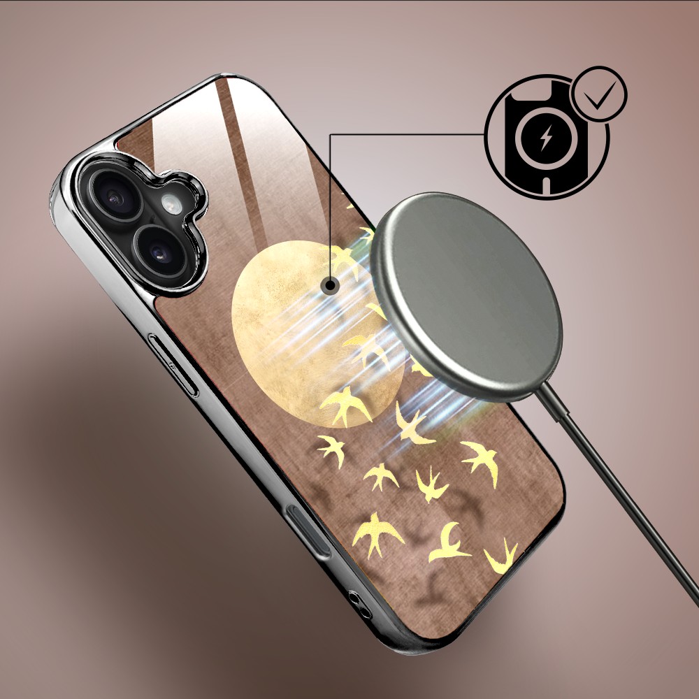 Etui do iPhone 16 Plus, Elite Glass z MagSafe, szklany tył, Zwierzęta, Taniec jaskółek, czarne