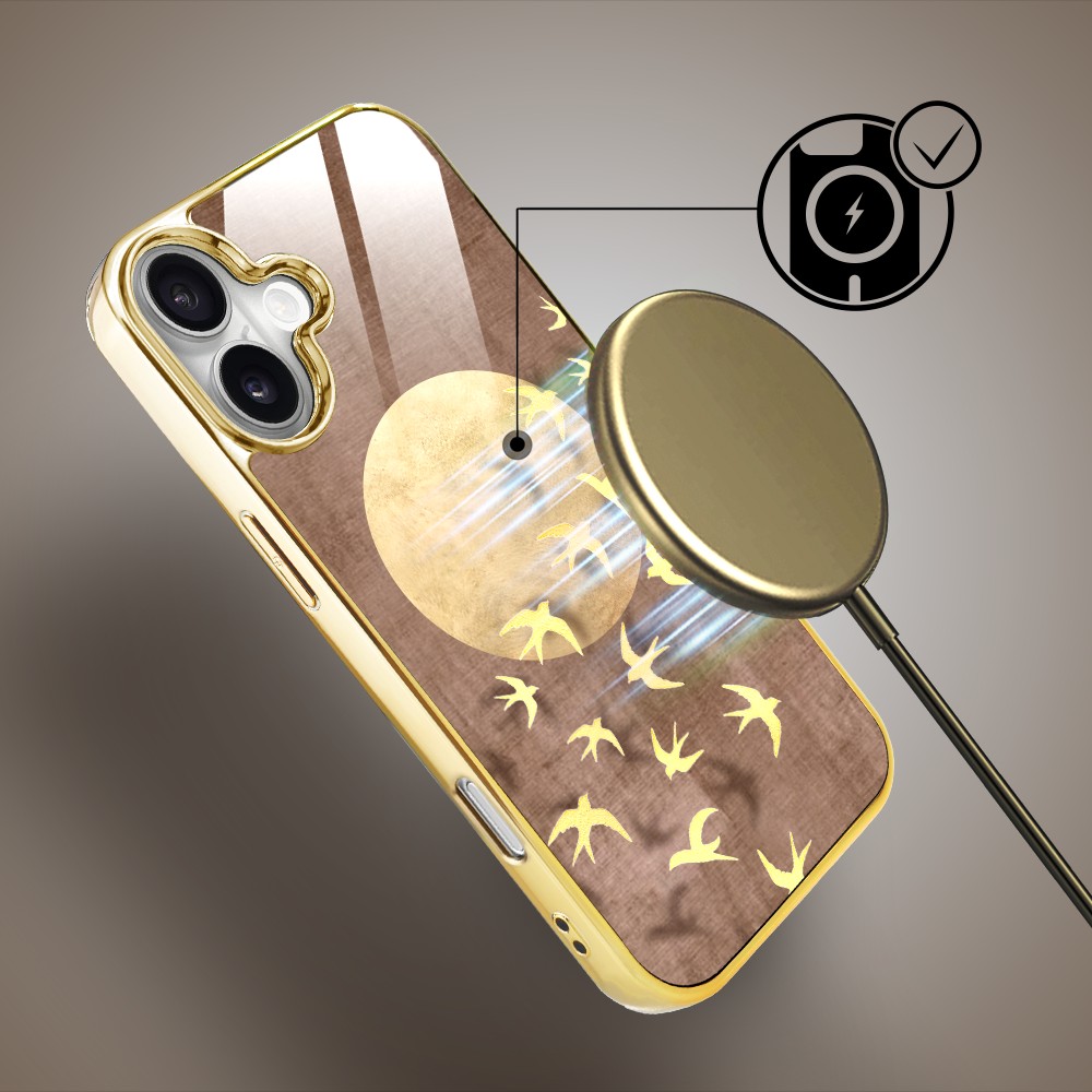 Etui do iPhone 16, Elite Glass z MagSafe, szklany tył, Zwierzęta, Taniec jaskółek, złote