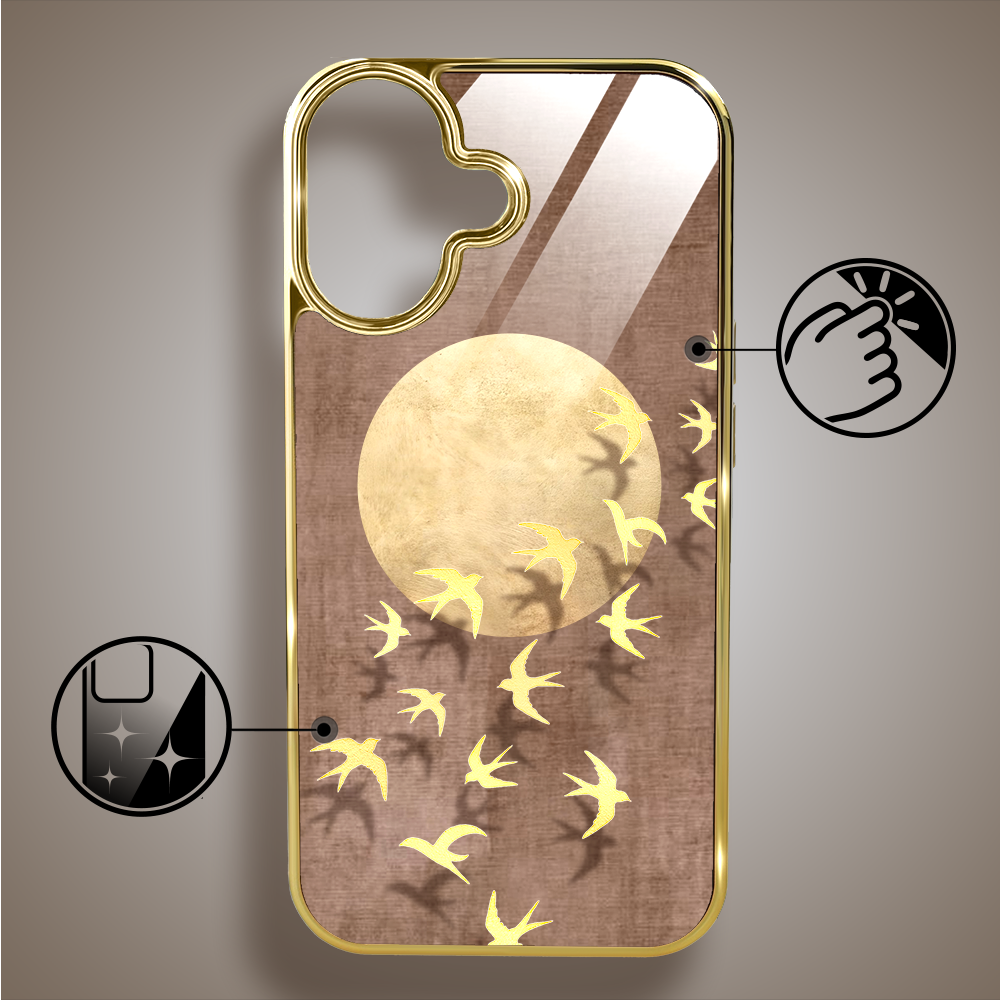 Etui do iPhone 16, Elite Glass z MagSafe, szklany tył, Zwierzęta, Taniec jaskółek, złote