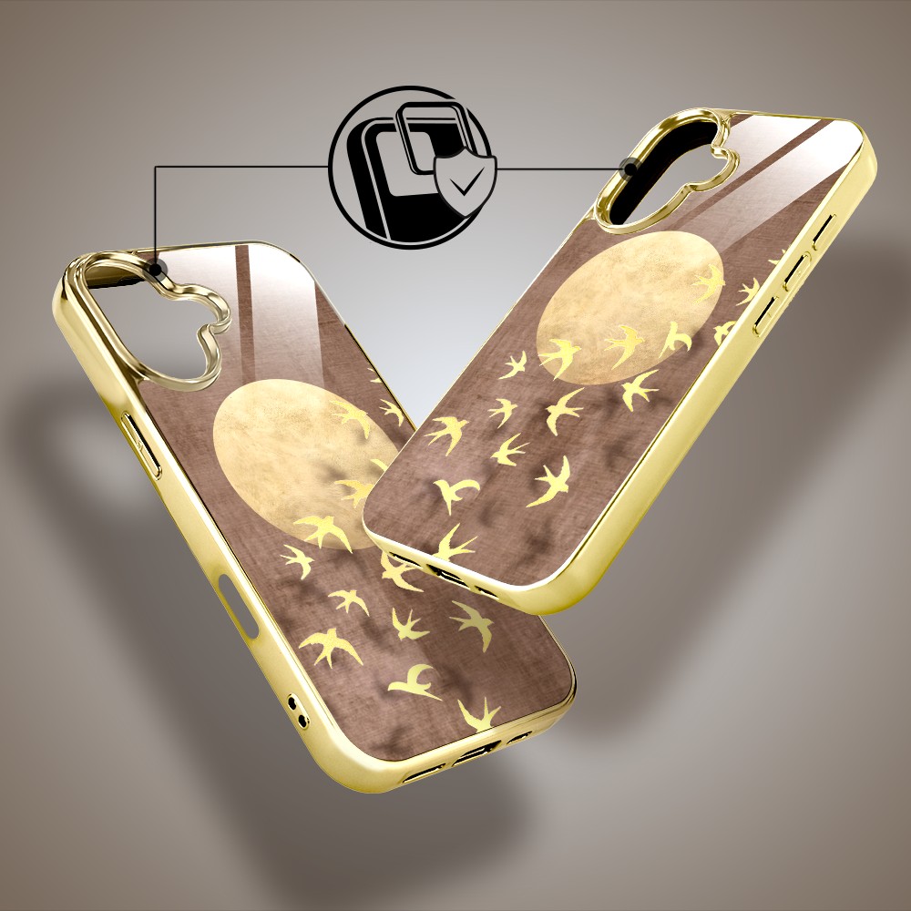 Etui do iPhone 16, Elite Glass z MagSafe, szklany tył, Zwierzęta, Taniec jaskółek, złote