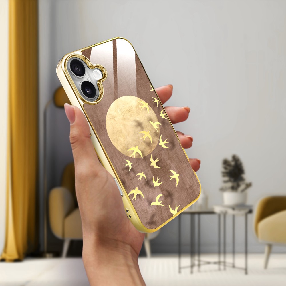 Etui do iPhone 16, Elite Glass z MagSafe, szklany tył, Zwierzęta, Taniec jaskółek, złote