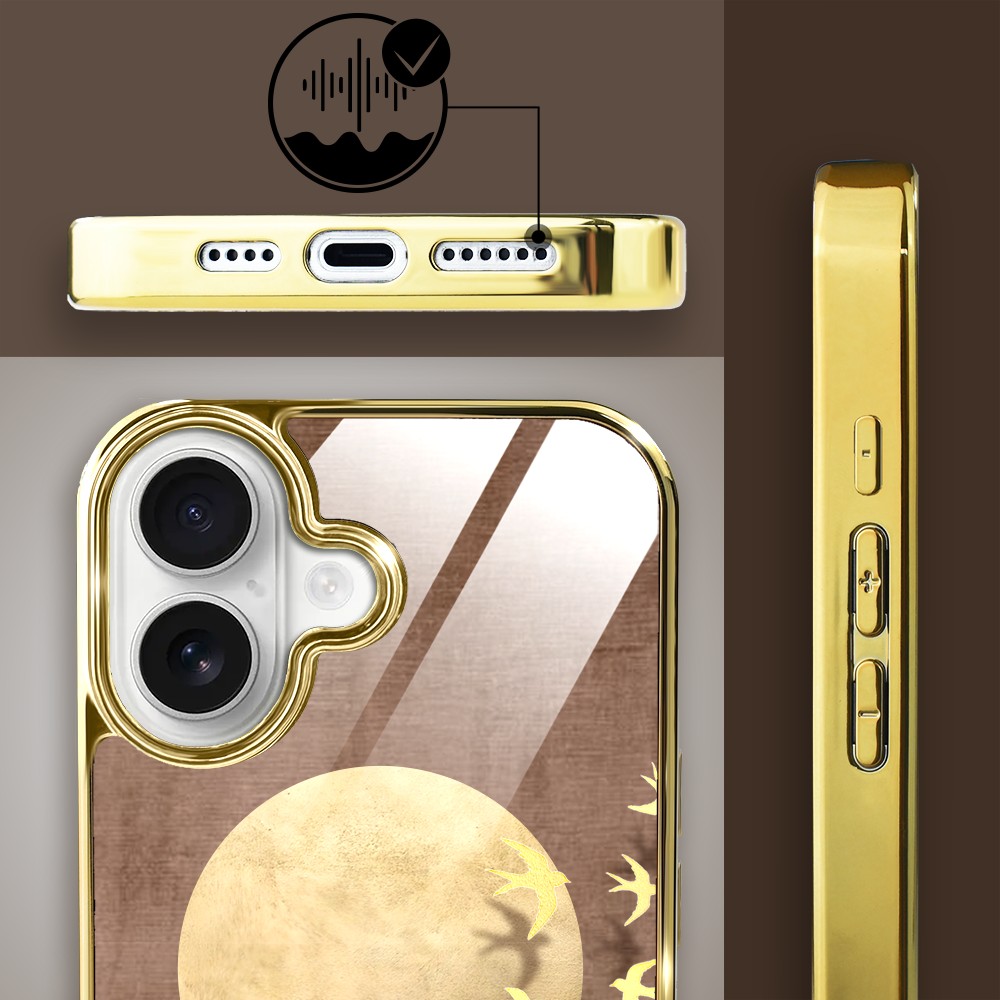 Etui do iPhone 16, Elite Glass z MagSafe, szklany tył, Zwierzęta, Taniec jaskółek, złote