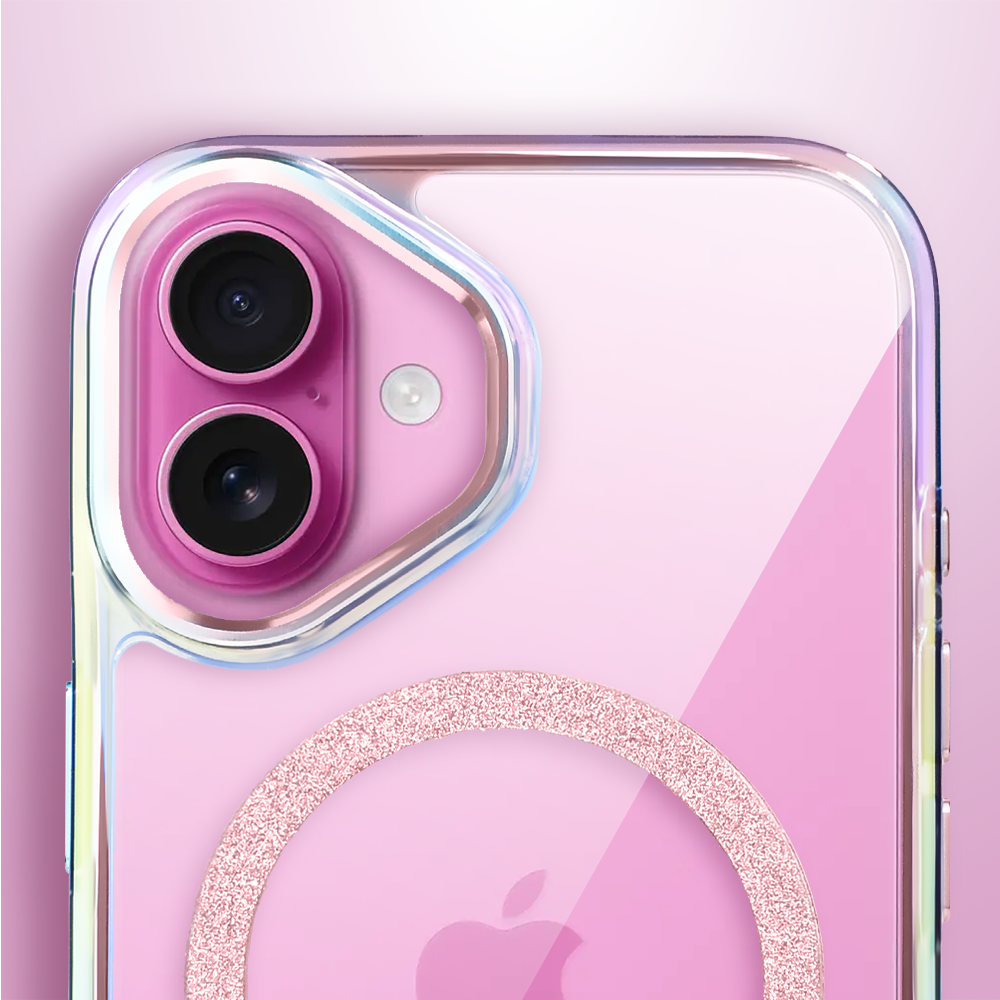 Etui do iPhone 16 Glitter Crown, opalizujące, przeźroczyste z brokatowym MagSafe, różowe