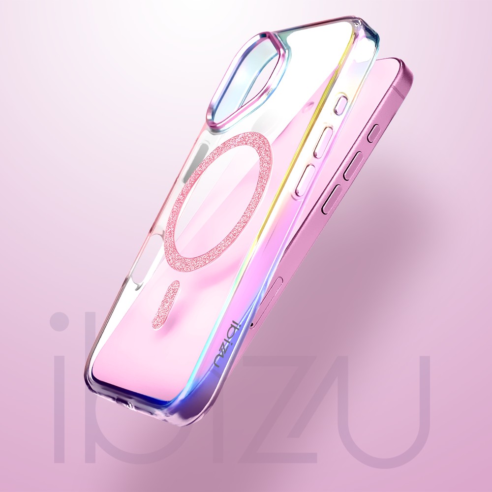 Etui do iPhone 16 Glitter Crown, opalizujące, przeźroczyste z brokatowym MagSafe, różowe