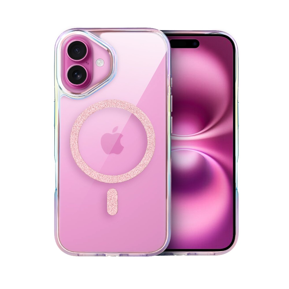 Etui do iPhone 16 Glitter Crown, opalizujące, przeźroczyste z brokatowym MagSafe, różowe