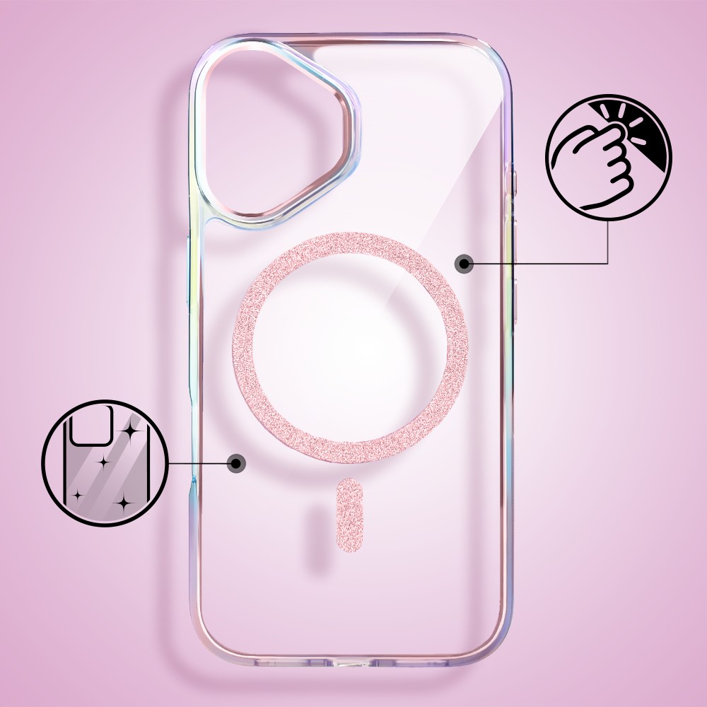 Etui do iPhone 16 Glitter Crown, opalizujące, przeźroczyste z brokatowym MagSafe, różowe