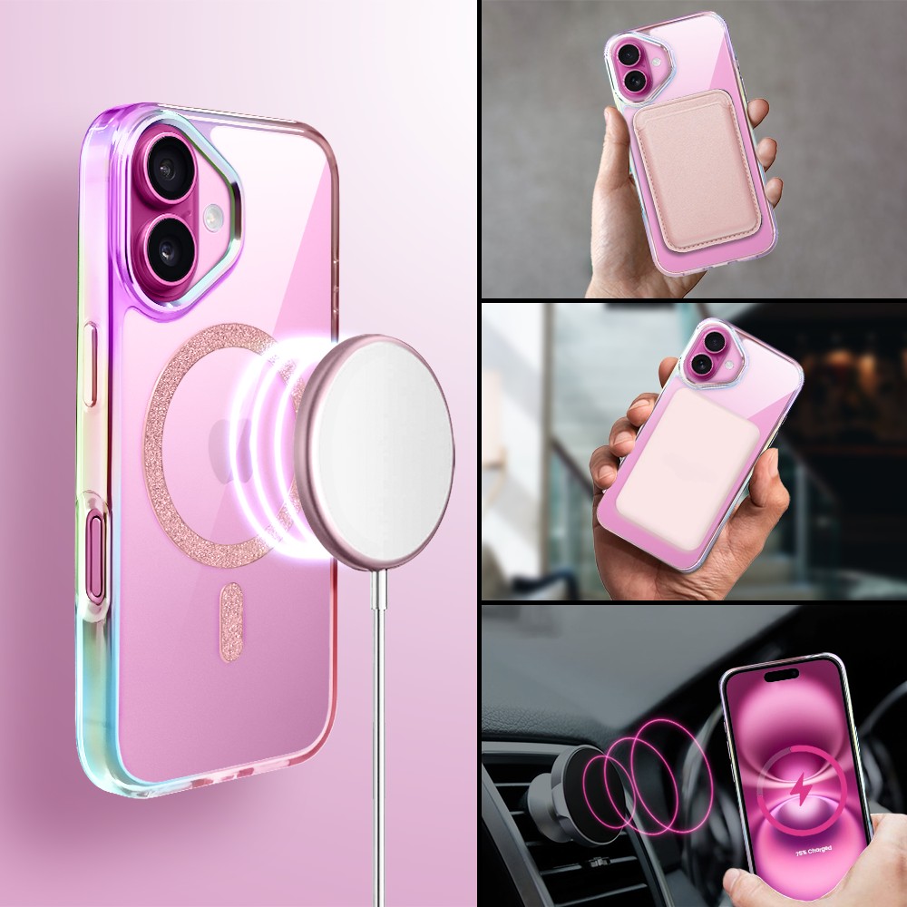 Etui do iPhone 16 Glitter Crown, opalizujące, przeźroczyste z brokatowym MagSafe, różowe