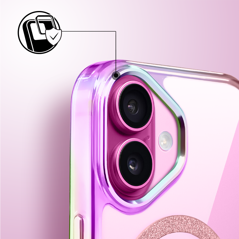 Etui do iPhone 16 Glitter Crown, opalizujące, przeźroczyste z brokatowym MagSafe, różowe