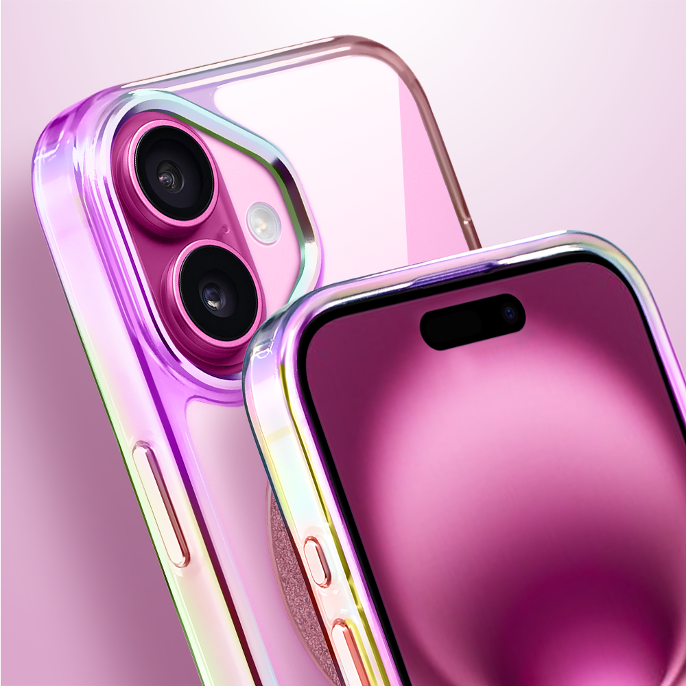 Etui do iPhone 16 Glitter Crown, opalizujące, przeźroczyste z brokatowym MagSafe, różowe