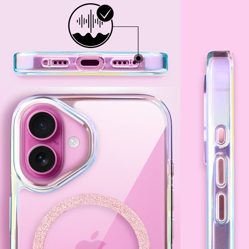 Etui do iPhone 16 Glitter Crown, opalizujące, przeźroczyste z brokatowym MagSafe, różowe