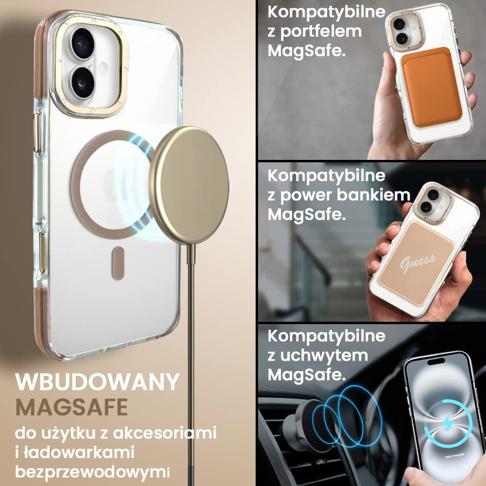 Etui do iPhone 16 Gold Crown, cienkie z MagSafe, krystaliczny tył, złote akcenty, tytan pustynny