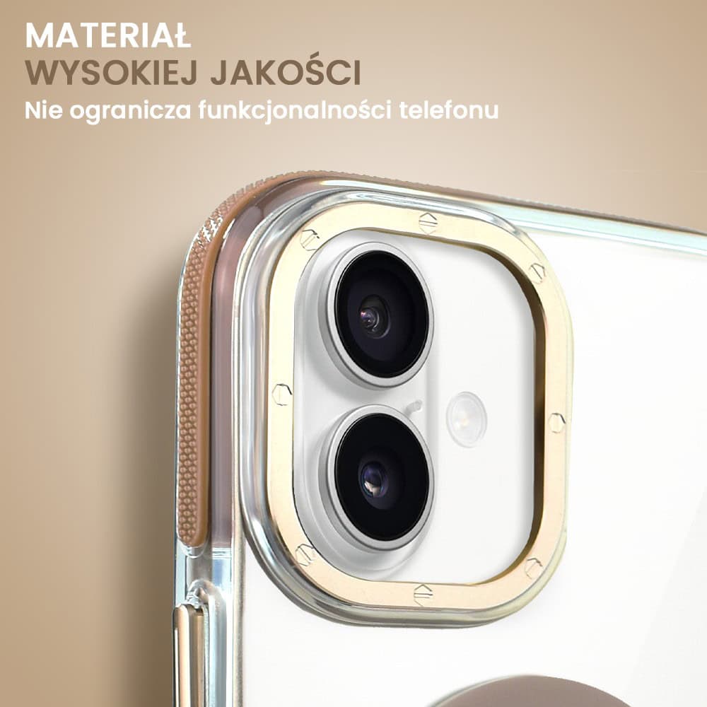 Etui do iPhone 16 Gold Crown, cienkie z MagSafe, krystaliczny tył, złote akcenty, tytan pustynny