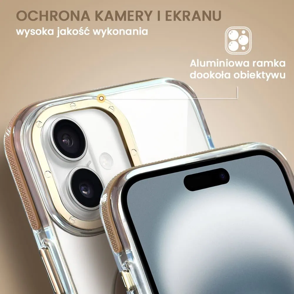 Etui do iPhone 16 Gold Crown, cienkie z MagSafe, krystaliczny tył, złote akcenty, tytan pustynny
