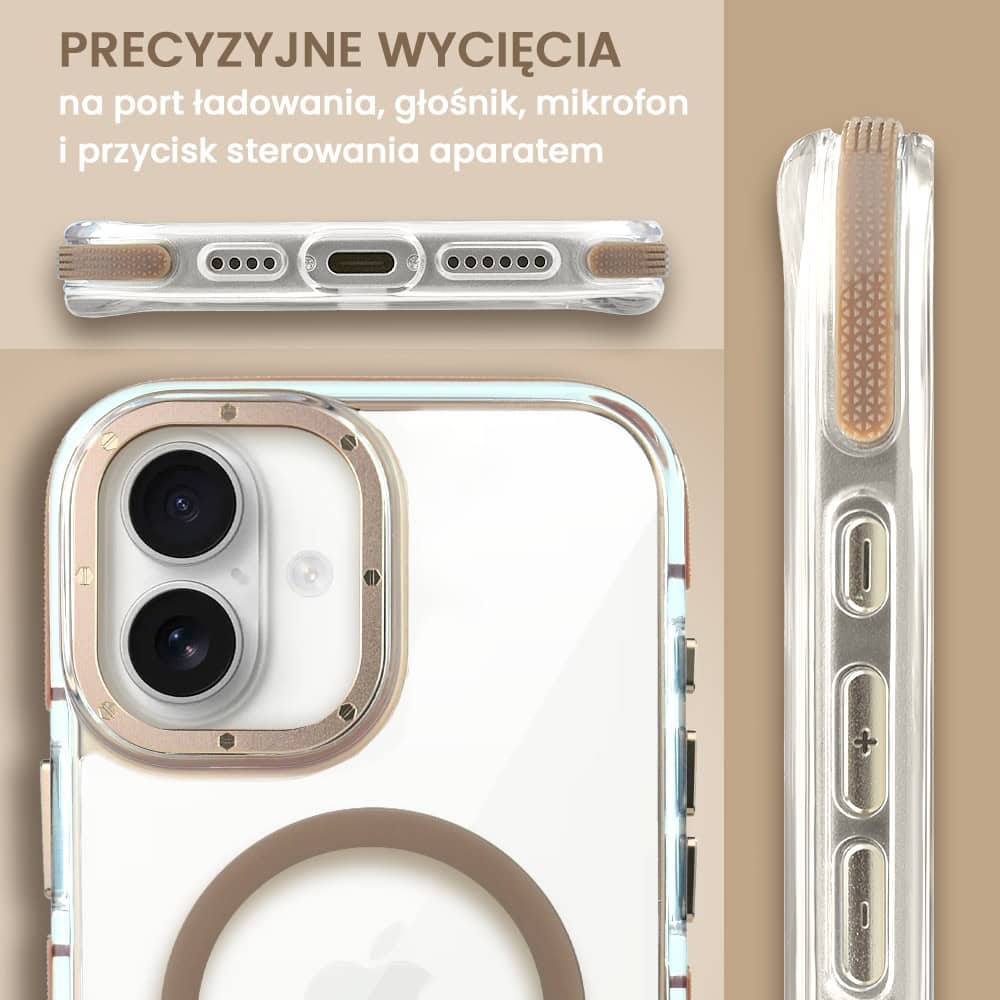 Etui do iPhone 16 Gold Crown, cienkie z MagSafe, krystaliczny tył, złote akcenty, tytan pustynny