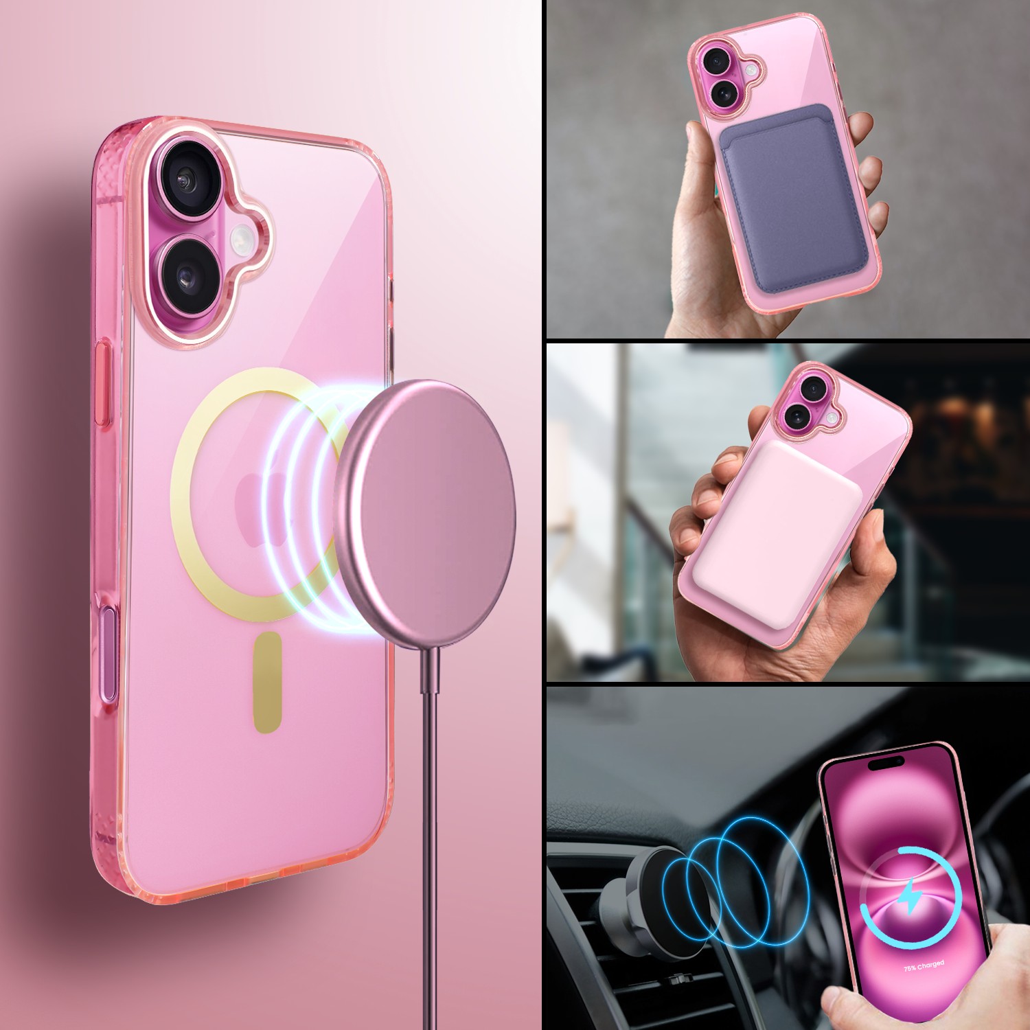 Etui do iPhone 16 Golden Elite, cienkie, ze złotym MagSafe, różowe