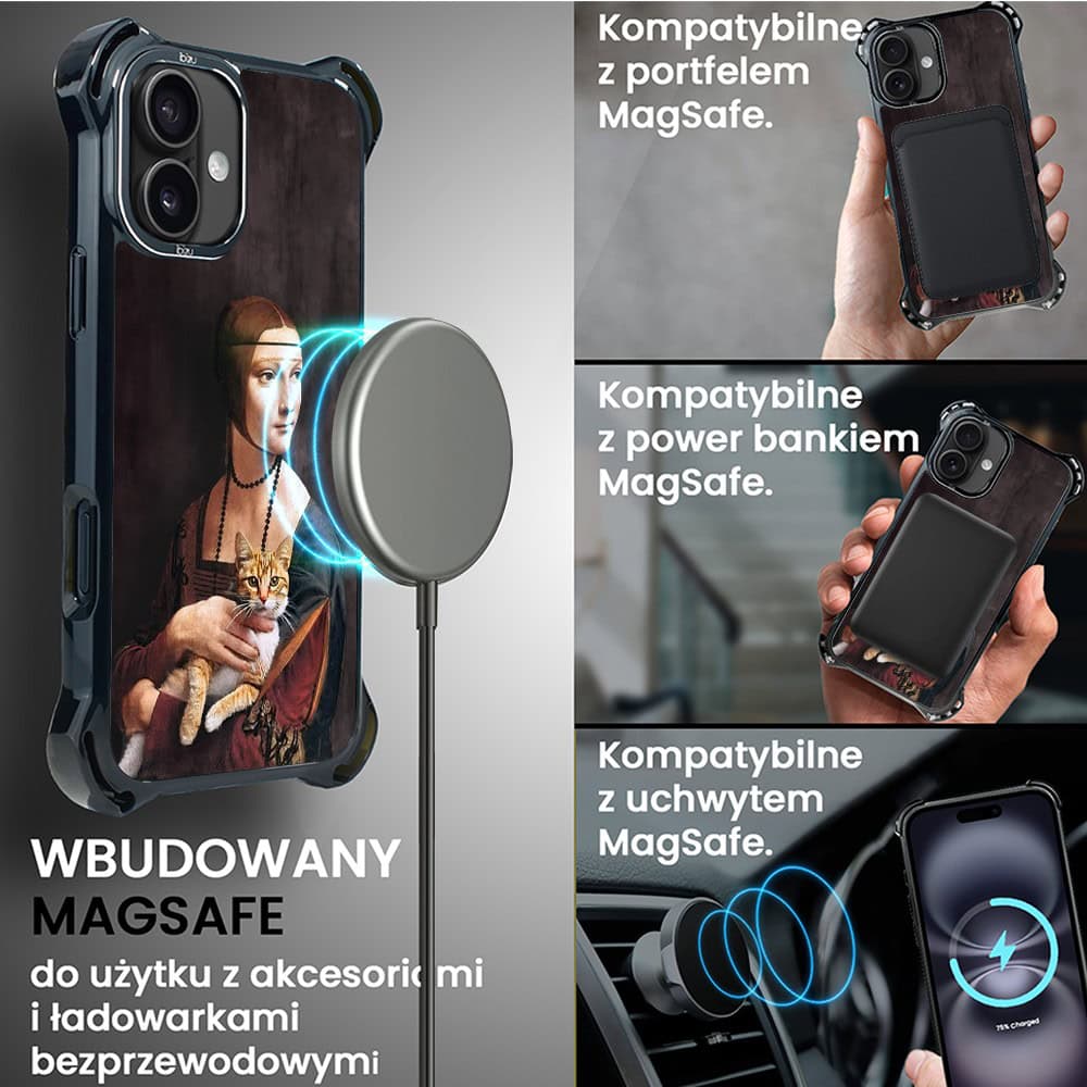 Etui do iPhone 16, Ibizu DropGuard Ultra z MagSafe, Leonardo Da Vinci, dama z kotem