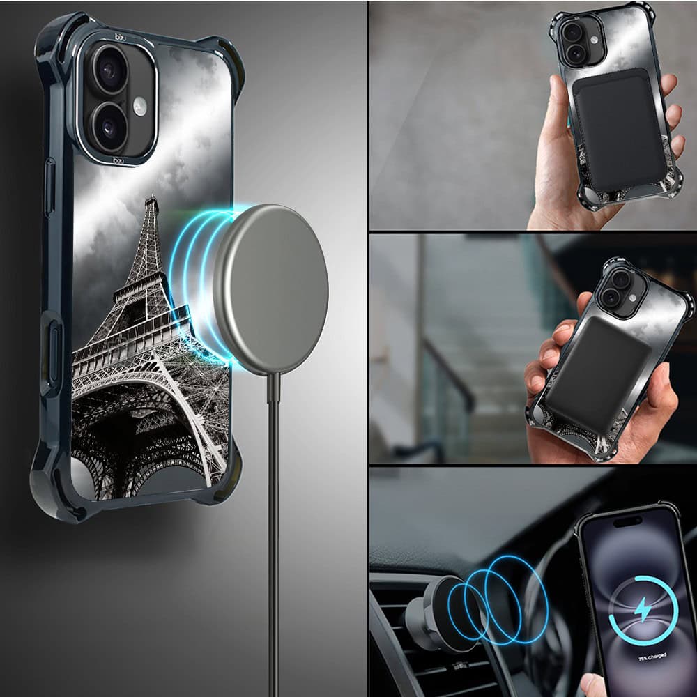 Etui do iPhone 16 Plus, Ibizu DropGuard Ultra z MagSafe, Noir City, Wieża Eiffla