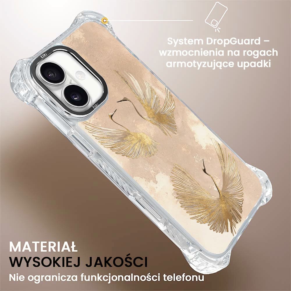 Etui do iPhone 16, Ibizu DropGuard Ultra z MagSafe, Boho, Złote żurawie