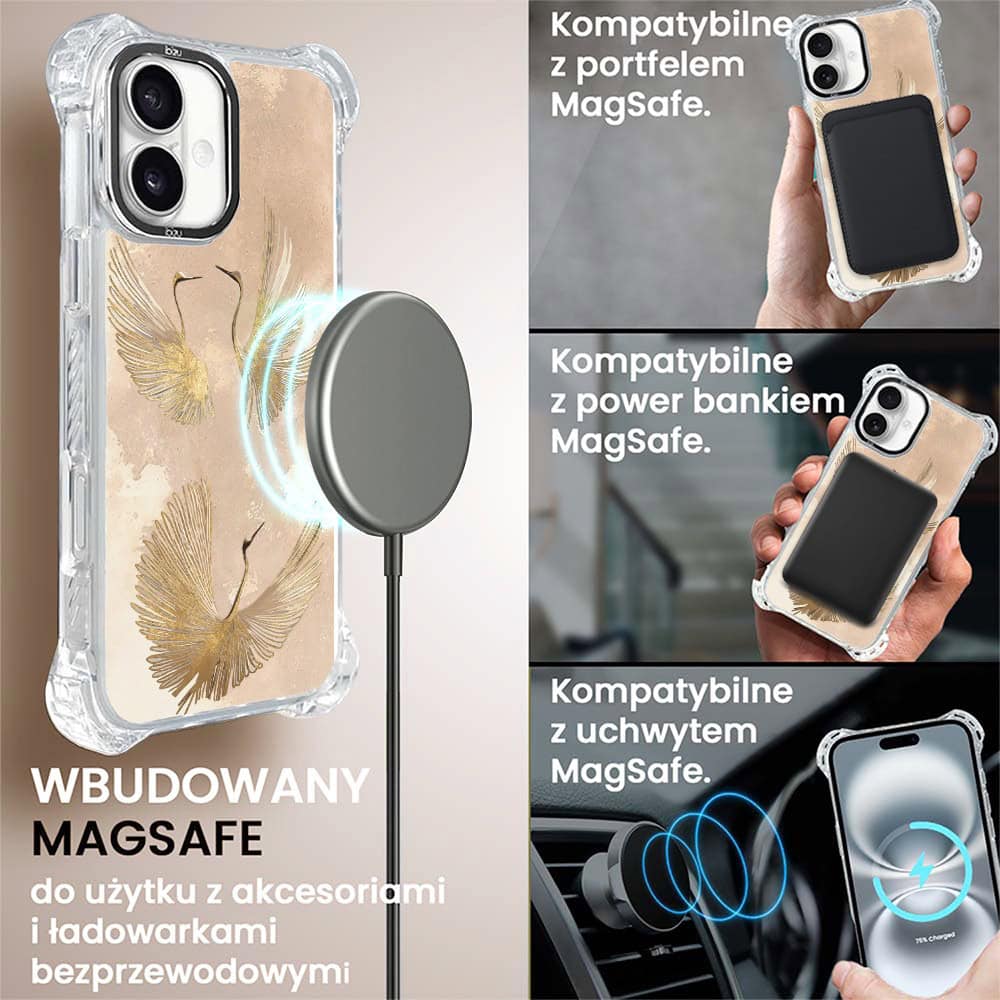 Etui do iPhone 16, Ibizu DropGuard Ultra z MagSafe, Boho, Złote żurawie