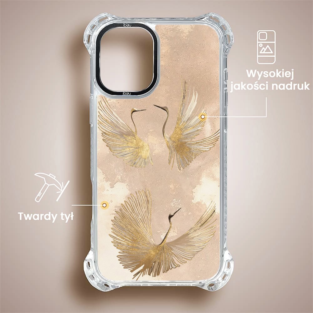 Etui do iPhone 16, Ibizu DropGuard Ultra z MagSafe, Boho, Złote żurawie