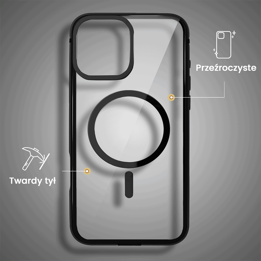 Etui do iPhone 16 Ibizu Elite Skin z MagSafe, krystalicznie czyste z metalową ramką, czarne
