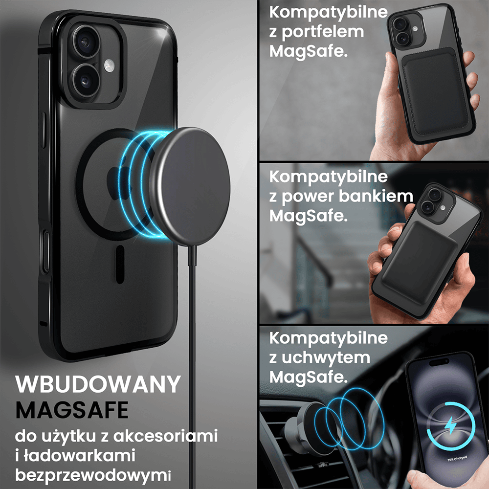 Etui do iPhone 16 Ibizu Elite Skin z MagSafe, krystalicznie czyste z metalową ramką, czarne