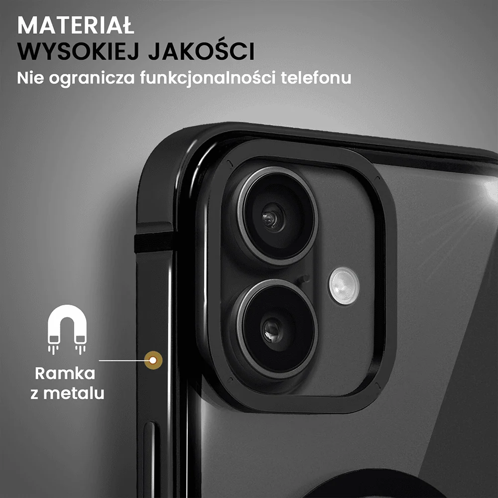 Etui do iPhone 16 Ibizu Elite Skin z MagSafe, krystalicznie czyste z metalową ramką, czarne
