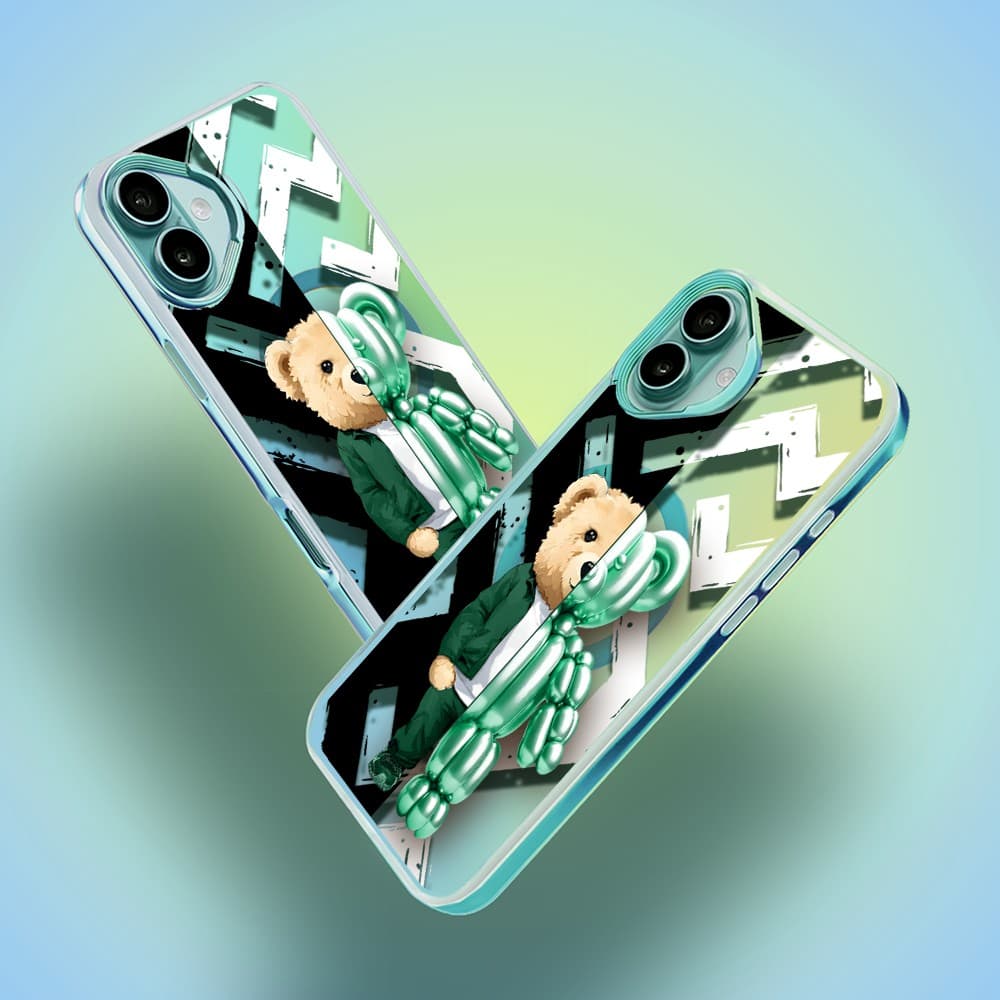 Etui do iPhone 16 MagSafe Bear With Me, DuoBear Party, miś z balonów, głęboki mieniący się kolor, jasny niebieski
