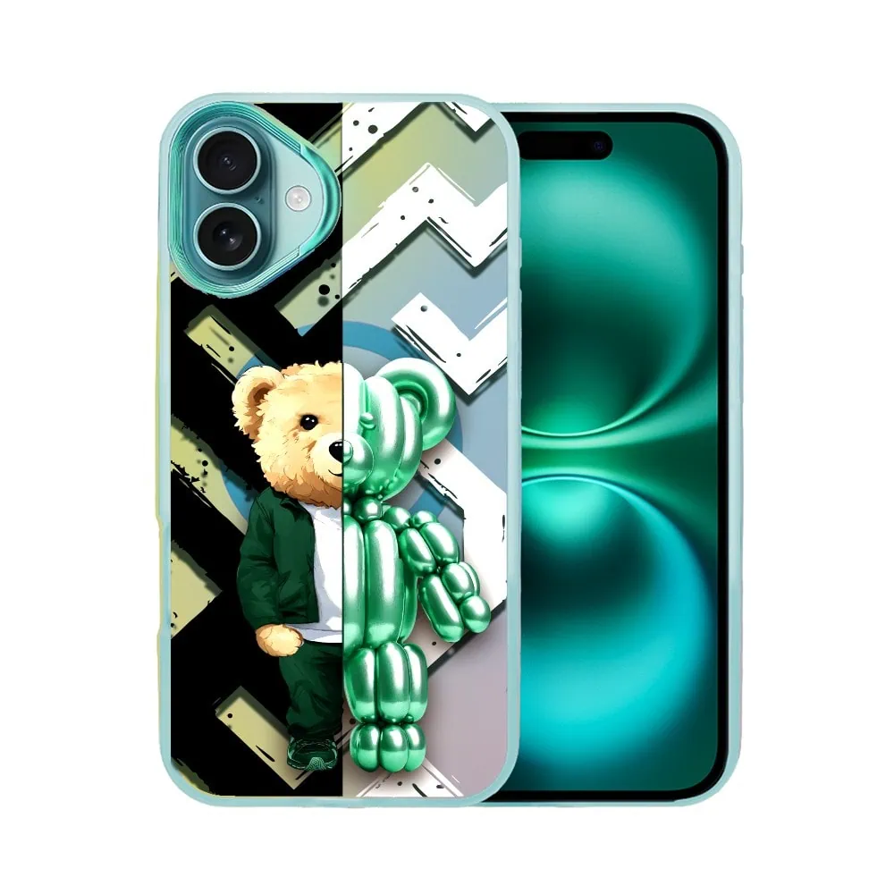 Etui do iPhone 16 MagSafe Bear With Me, DuoBear Party, miś z balonów, głęboki mieniący się kolor, jasny niebieski